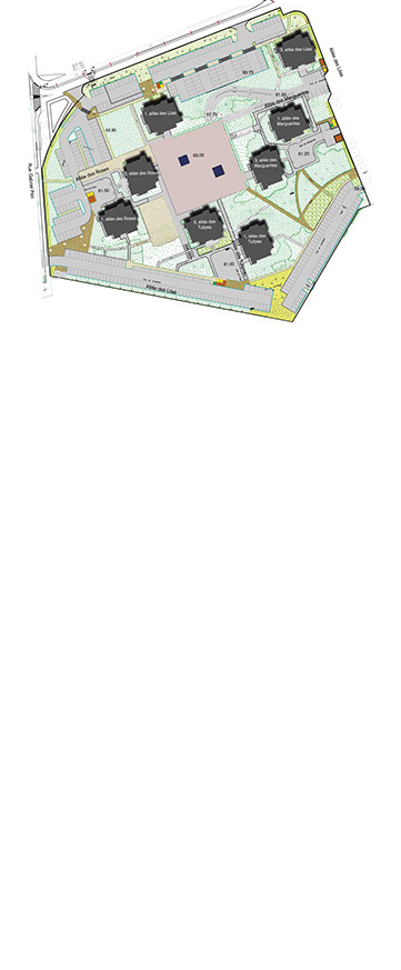 ﷯La Cité Haute est construite autour d'une dalle hauteur moyenne 4,5 m) sous laquelle se trouvent des parkings. Le projet consiste ici à crée le nombre de stationnements nécessaires réglementairement. Ce postulat implique une occupation importante de l'espace par les parkings. Les limites du site Plusieurs côtés sont déjà marqués par des alignements de tilleuls. Cette limite franche à l’horizon est complétée rue des Lilas par une haie pour différencier le cheminement public et les espaces privatifs. Ce dispositif est complété le long de la nouvelle voie, avec des alignements d’arbres de petites tailles complétés par quelques gros sujets. Une bande plantée délimite les espaces. Sur le pourtour du site un muret de 40 cm de haut et 30 cm de large est mis en place. A l’arrière de celui-ci une haie vive est plantée. Côté Sud une frange de 4 m de large est plantée pour éviter la vue du mur en parpaing des fonds de parcelles. La circulation et le stationnement L’organisation du stationnement est revisitée pour créer des unités de vie avec les places au plus proche des habitations. Les parkings souterrain sont entièrement utilisés. Les parkings sont organisés en poches en voie sans issue. Ces petites unités (en moyenne 70 places) ont un impact paysager moindre. Ces poches sont en contact direct avec les placettes.